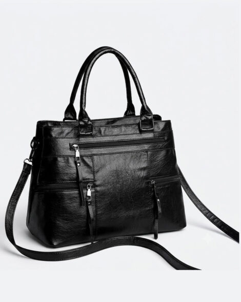 Classic Multi-Zipper Black Satchel